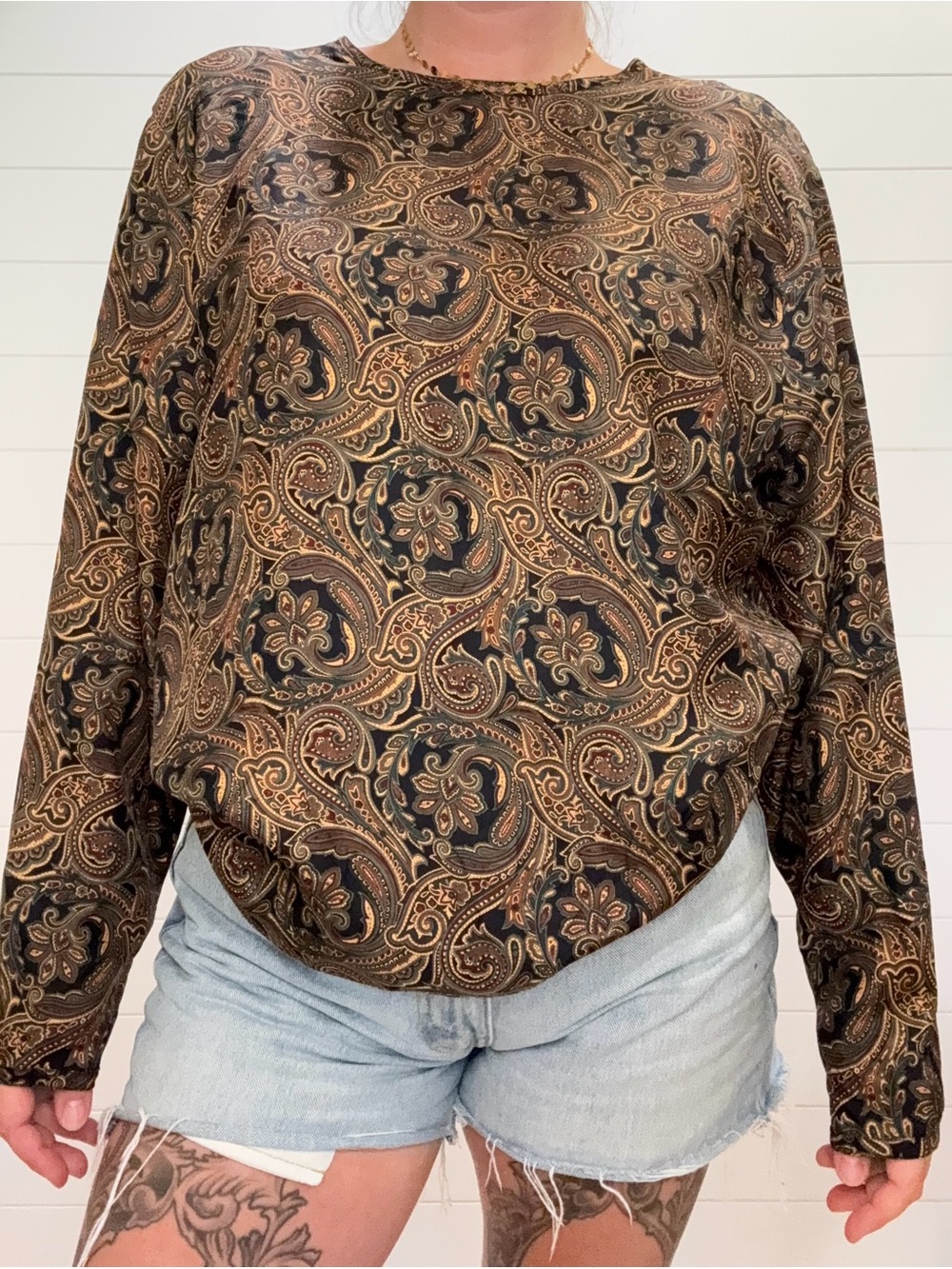 Evan Picone 100% silk Black & Brown Paisley Long-Sleeve Blouse